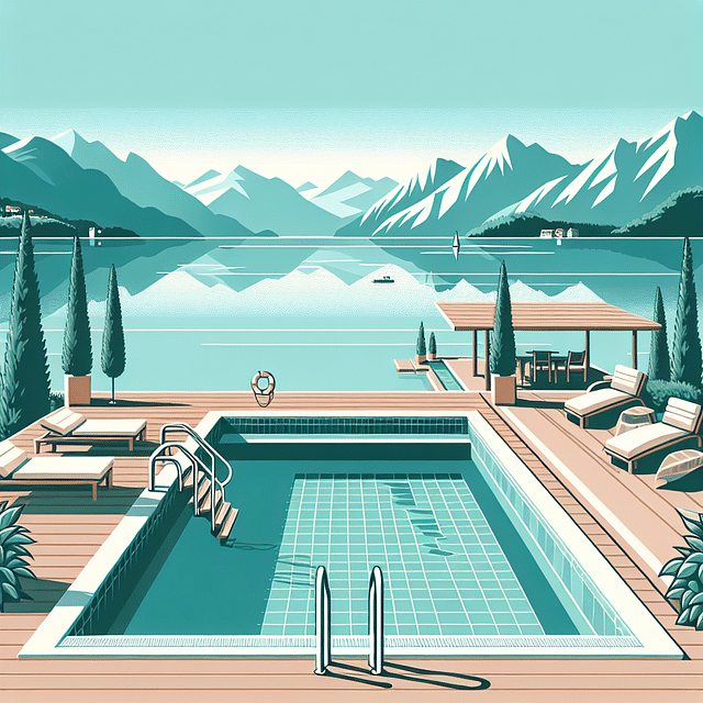 heated outdoor pool with mountain and lake views