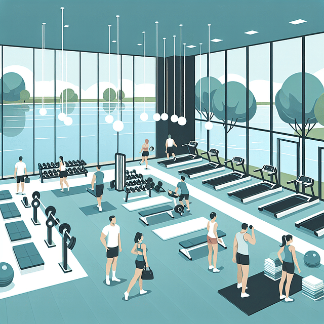 modern fitness center overlooking a lake