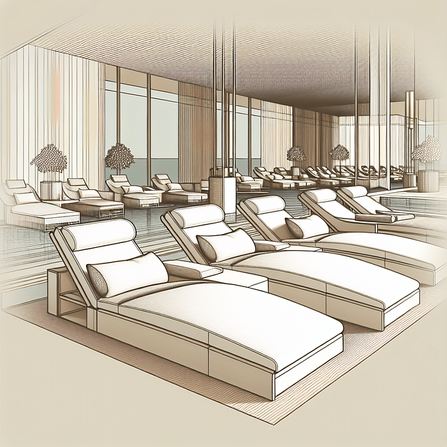 relaxation lounge at a luxury spa with plush loungers