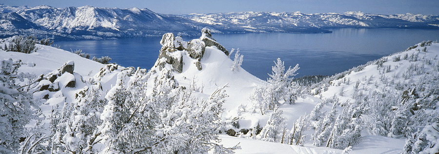 Panoramic view of the snowy peaks in North Lake Tahoe during winter