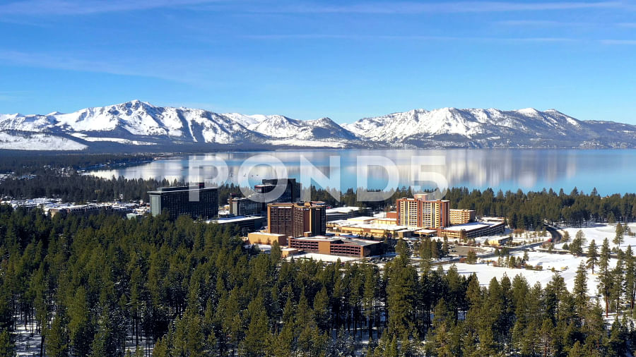 Panoramic view of South Lake Tahoe blanketed in snow during winter