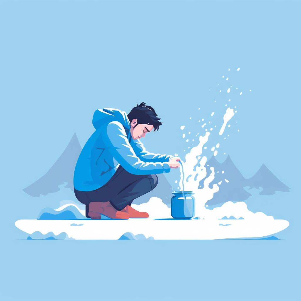 A person melting snow for drinking water