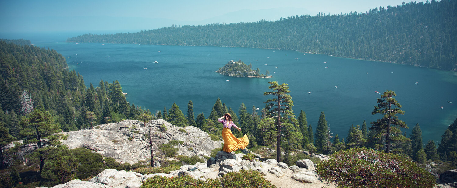 Emerald Bay in Lake Tahoe with its crystal clear water and lush green surroundings