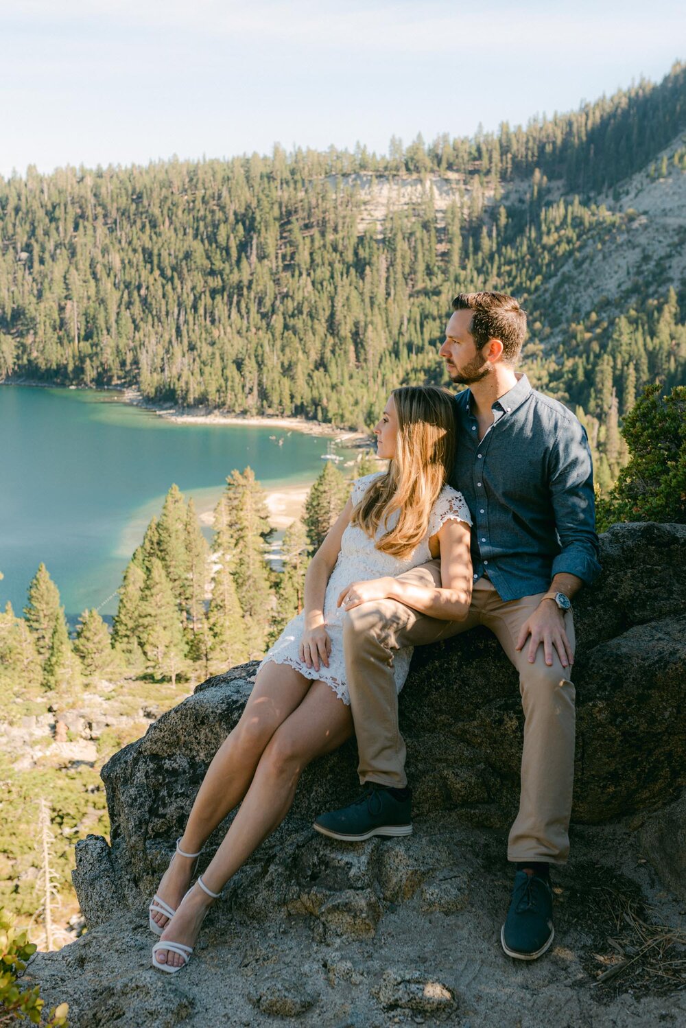 Engagement photos at Lake Tahoe\'s top proposal locations: Emerald Bay State Park, Squaw Valley Ski Resort, and Sand Harbor Beach