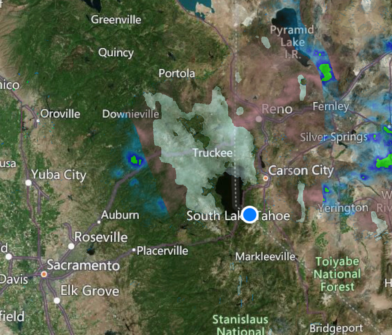 Screenshot of OpenSnow website showing Lake Tahoe snow forecast